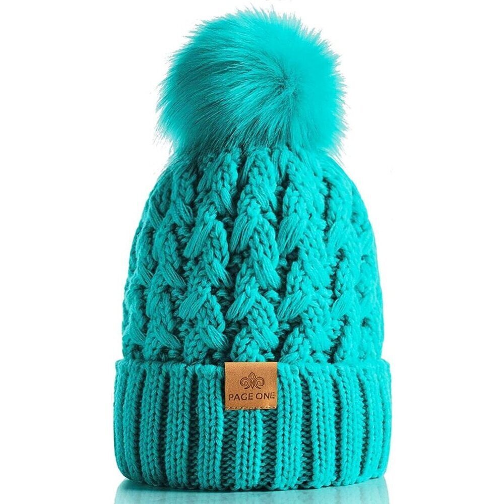 Women’s Green Winter Ribbed Beanie Hat Chunky Cable Knit Pompom Warm - Picture 1 of 6